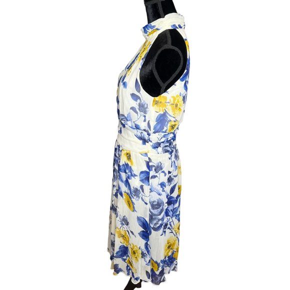Enfocus Studio Dress Womens 10 Blue Yellow Sleeveless High Neck Floral Fit Flare - Picture 9 of 16